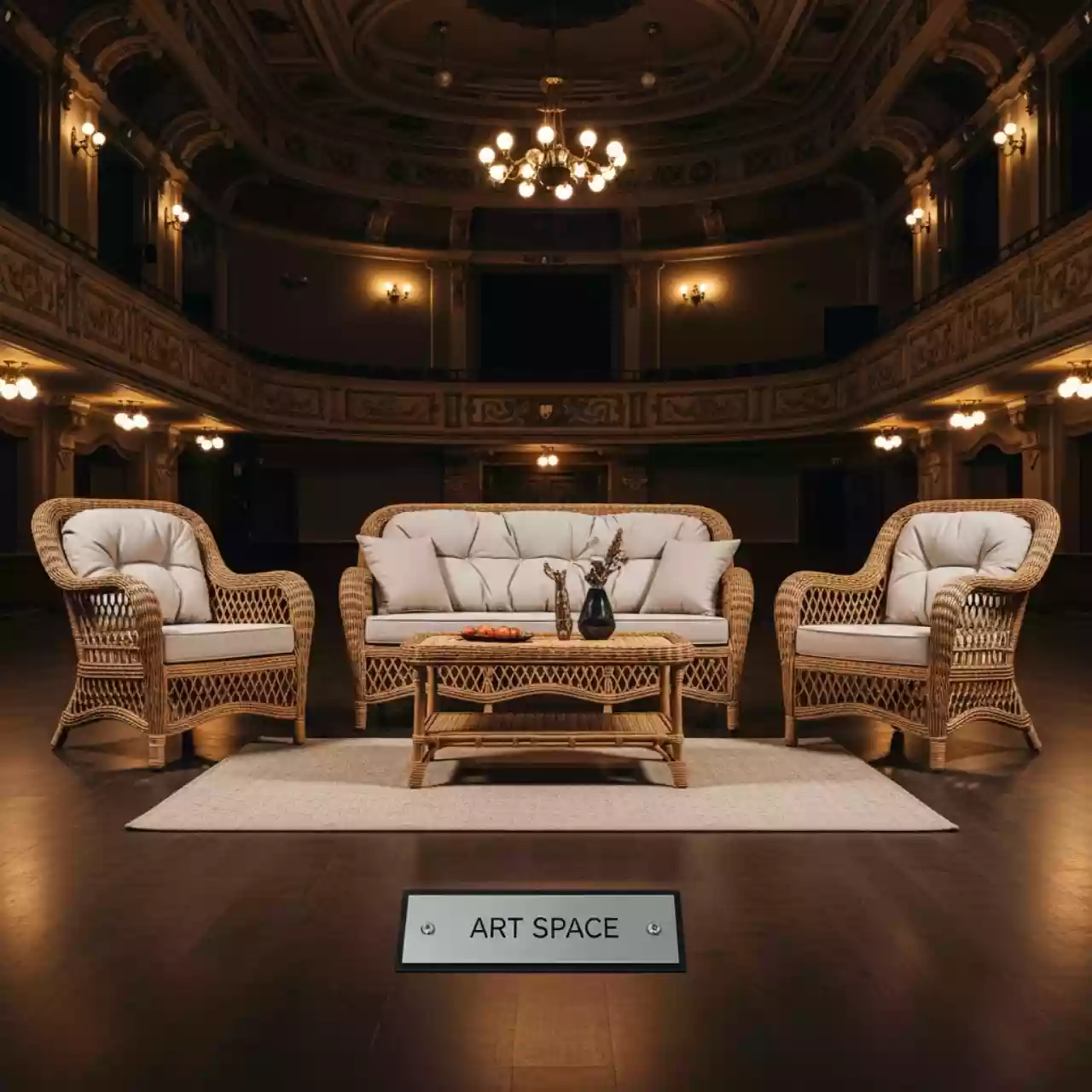 Аренда Мебельная группа плетеная Доппио соломенный цвет в Зимнем театре — ART SPACE