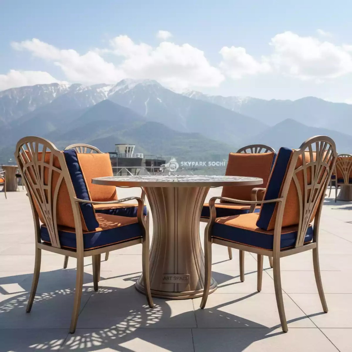 Аренда Мебельная группа Rosolini из литого алюминия бронзовая с подушками в Skypark Sochi — ART SPACE