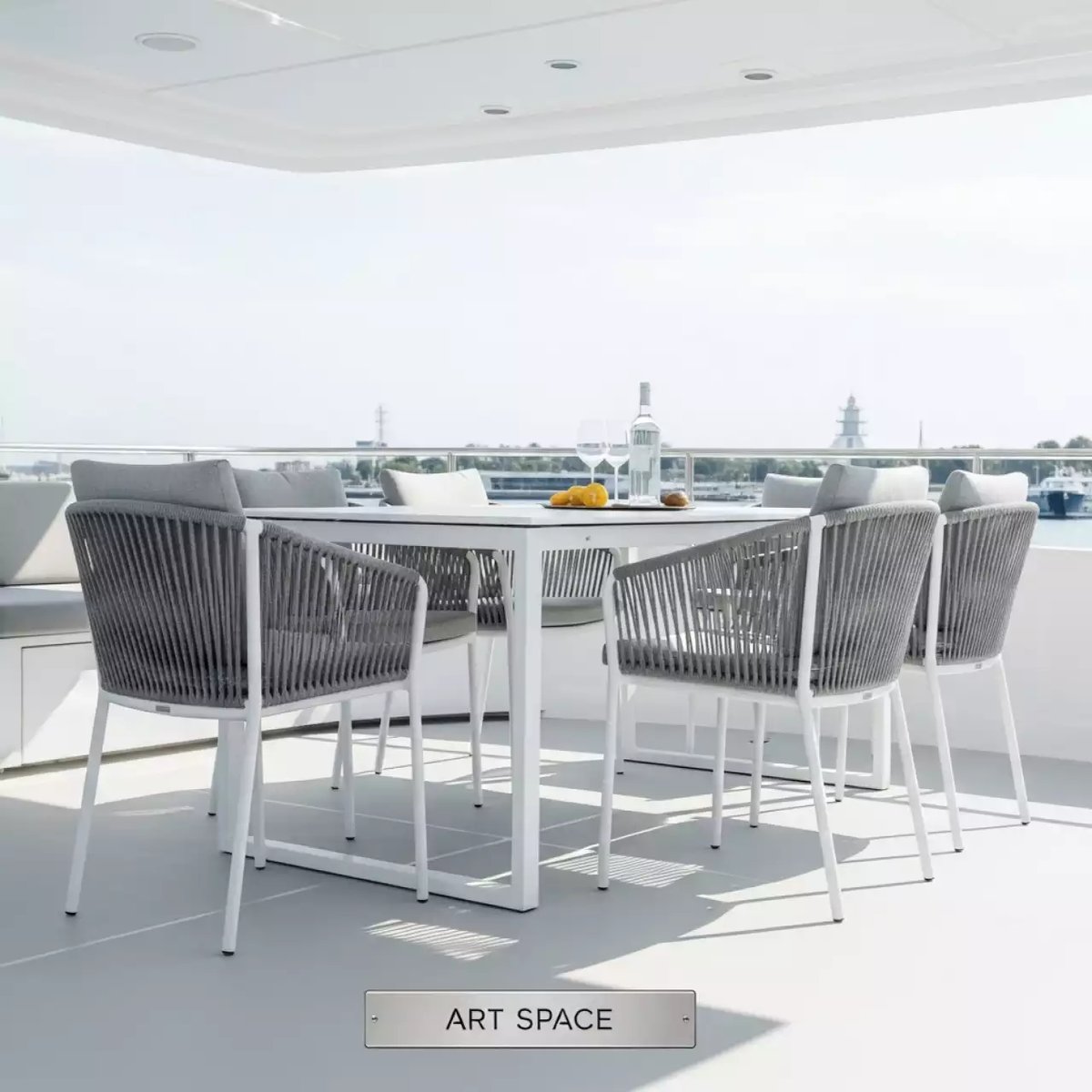 Аренда Мебельная группа Венето на 6 персон со стульями Марсель белый каркас серый роуп на VIP теплоходе (Морпорт Сочи) — ART SPACE