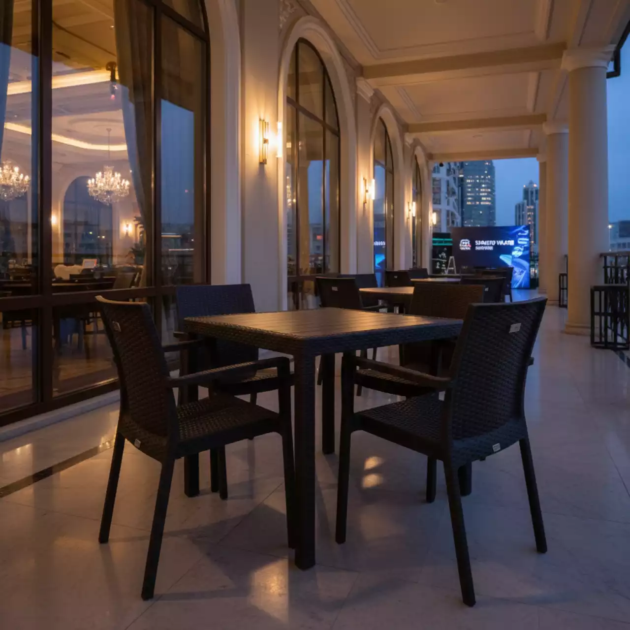 Аренда Мебельная группа Ялта Kvaatro 4 тёмно коричневая из пластика под искусственный ротанг в ресторане «Sanremo» — ART SPACE