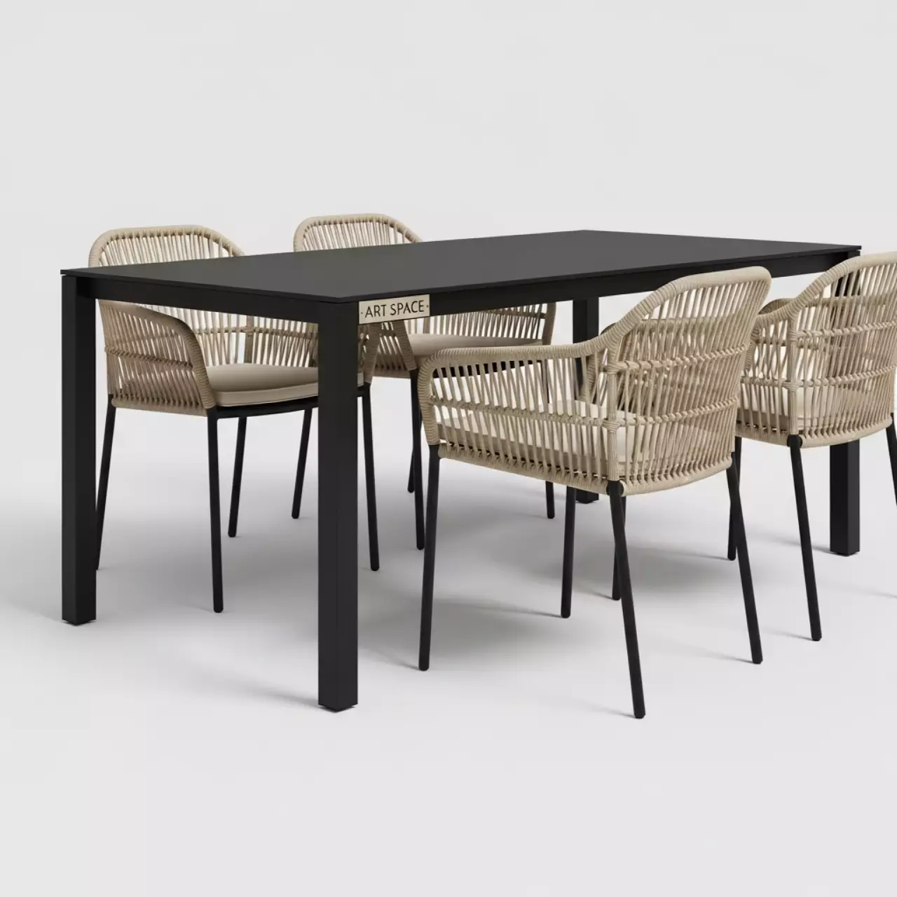 Аренда Мебельный комплект АРТ СПЕЙС 4 стула обеденный стол 160 см черный каркас бежевый ротанг в Сириус Арене — ART SPACE