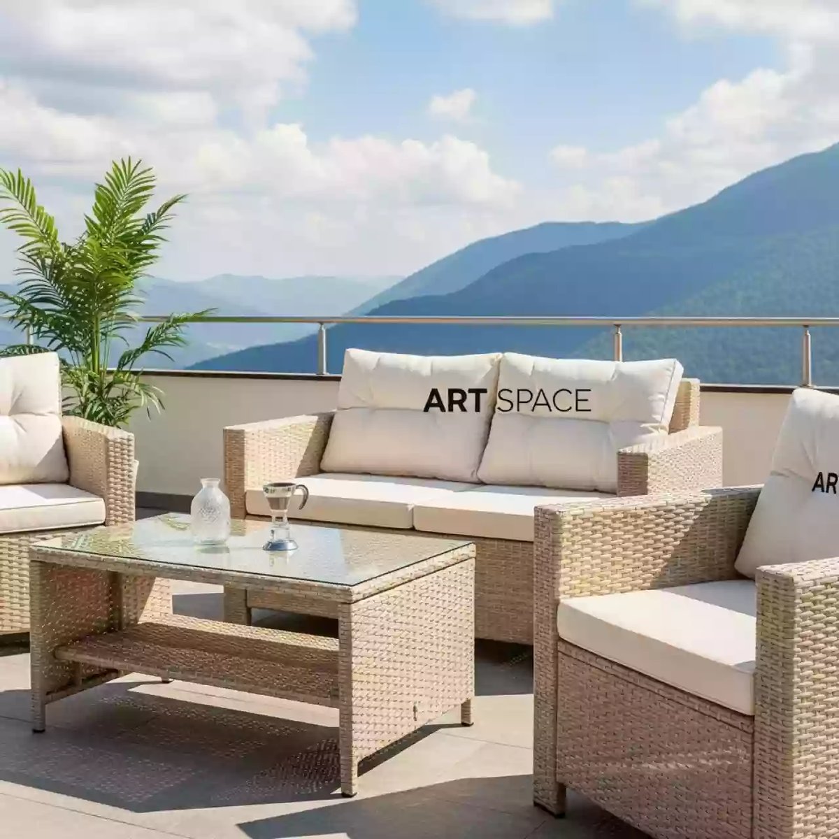 Аренда Мебельный комплект Дэйзи стол 2 кресла диван ротанг бежевый бежевые подушки в Гранд Отель Поляна — ART SPACE