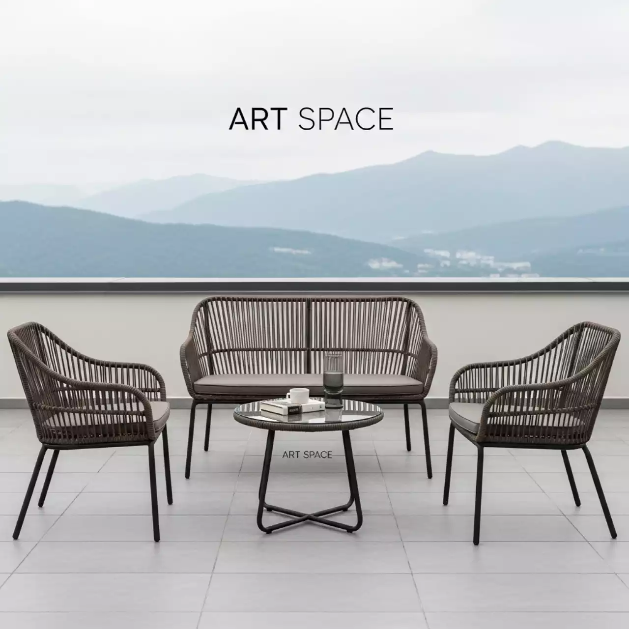 Аренда Мебельный комплект Фреско 2 кресла диван стол D 61 черный каркас коричневый ротанг в Skypark Sochi — ART SPACE