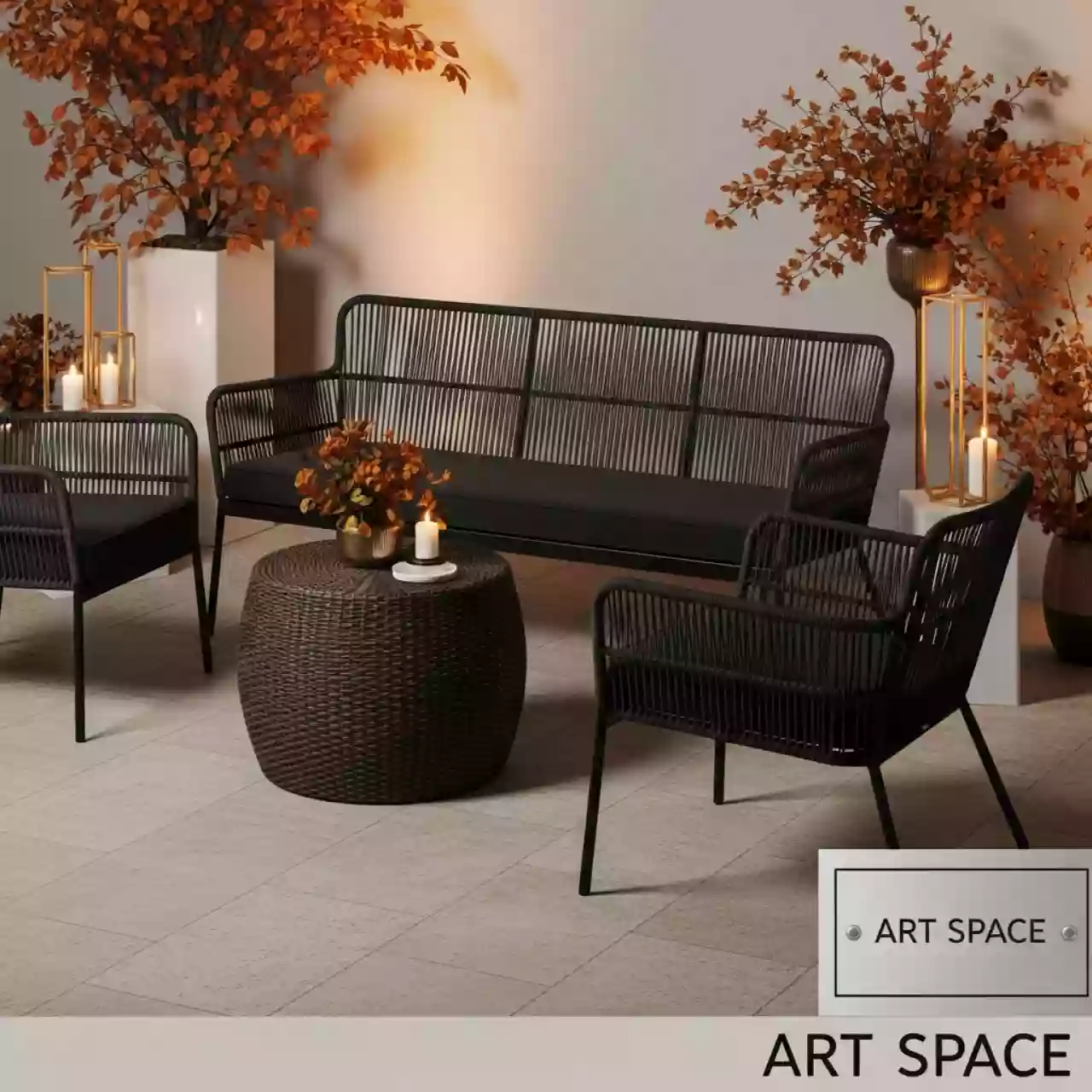 Аренда Мебельный комплект Фреско 2 кресла стол D 61 диван черный каркас коричневый ротанг в Courtyard by Marriott Sochi — ART SPACE