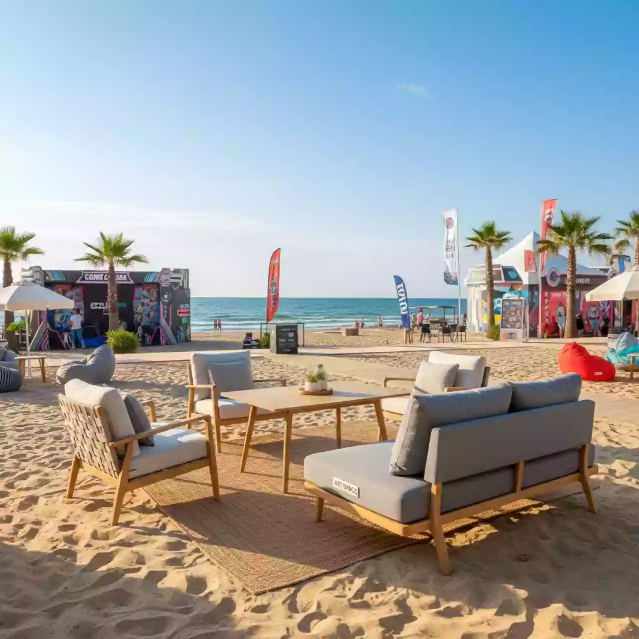 Аренда Мебельный комплект Риччи MAX стол 2 кресла диван серый с серыми подушками на пляже «Ривьера» — ART SPACE