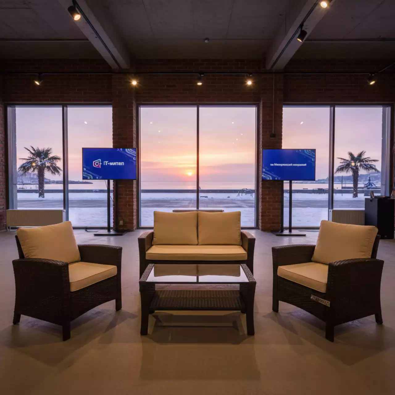 Аренда Мебельный комплект ВЕНЕЦИЯ двухместный диван 2 кресла кофейный столик коричневый на Имеретинской набережной — ART SPACE