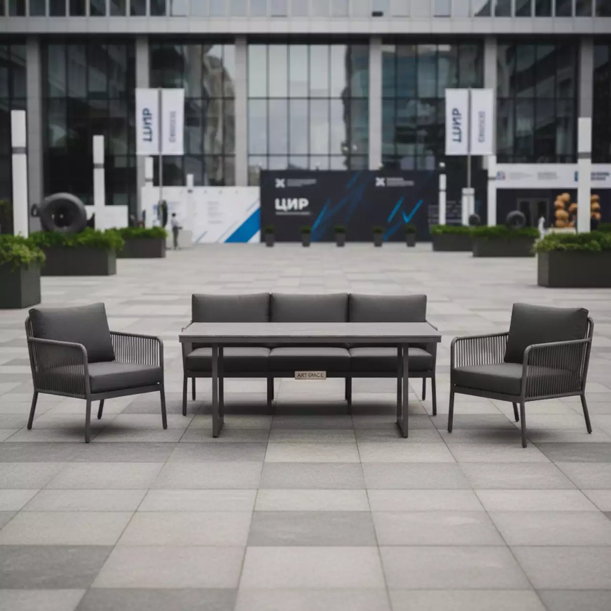 Аренда Мебельный комплект ВЕНЕЦИЯ лаунж стол 180 3 местный диван 2 кресла серый на Медальной площади — ART SPACE