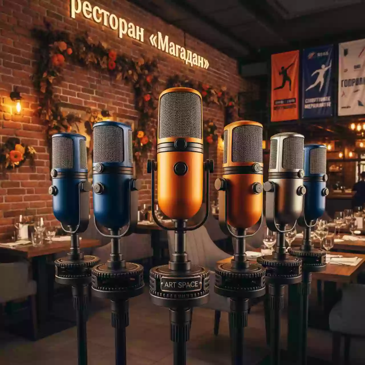 Аренда Микрофоны студийные разных цветов в ресторане «Магадан» — ART SPACE
