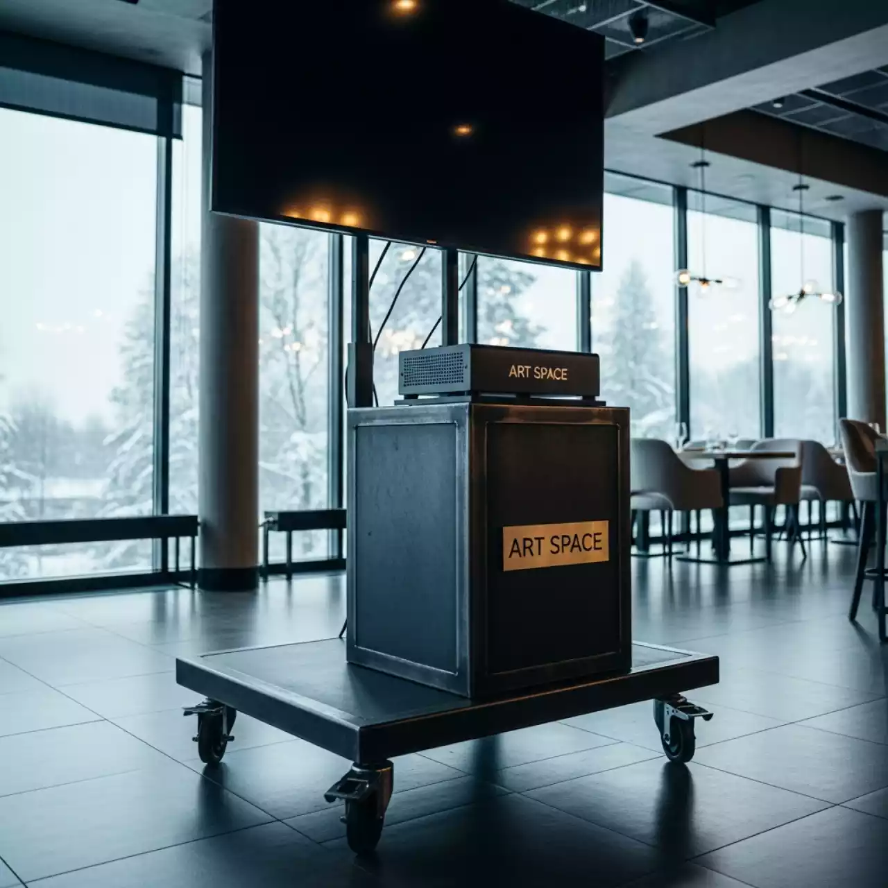 Аренда Мобильная стойка для дисплея MediaStand 20 в ресторане «Voda» — ART SPACE