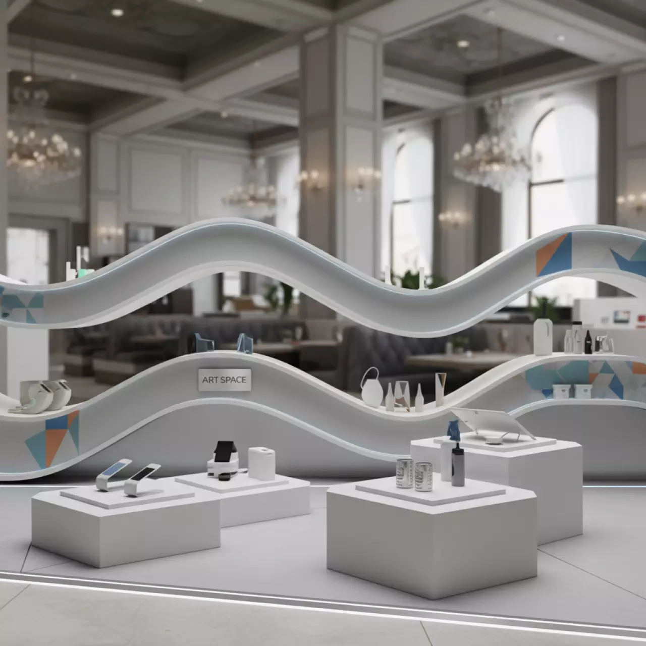 Аренда Модуль полки и подиумы для стенда Isoframe Wave в ресторане «Sanremo» — ART SPACE