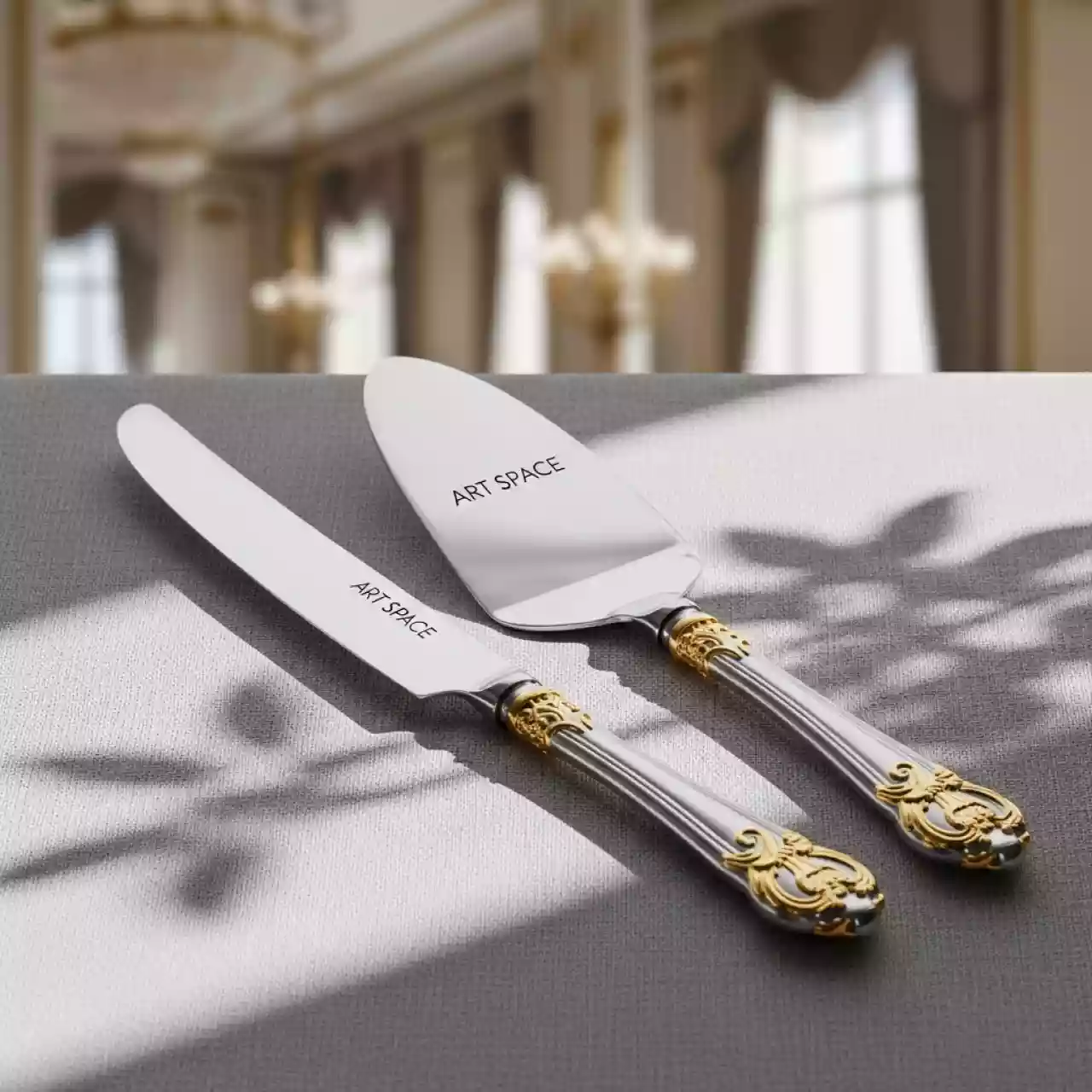 Аренда Набор для торта № 5 нож и лопатка серебристо золотой в Grand Karat Sochi — ART SPACE