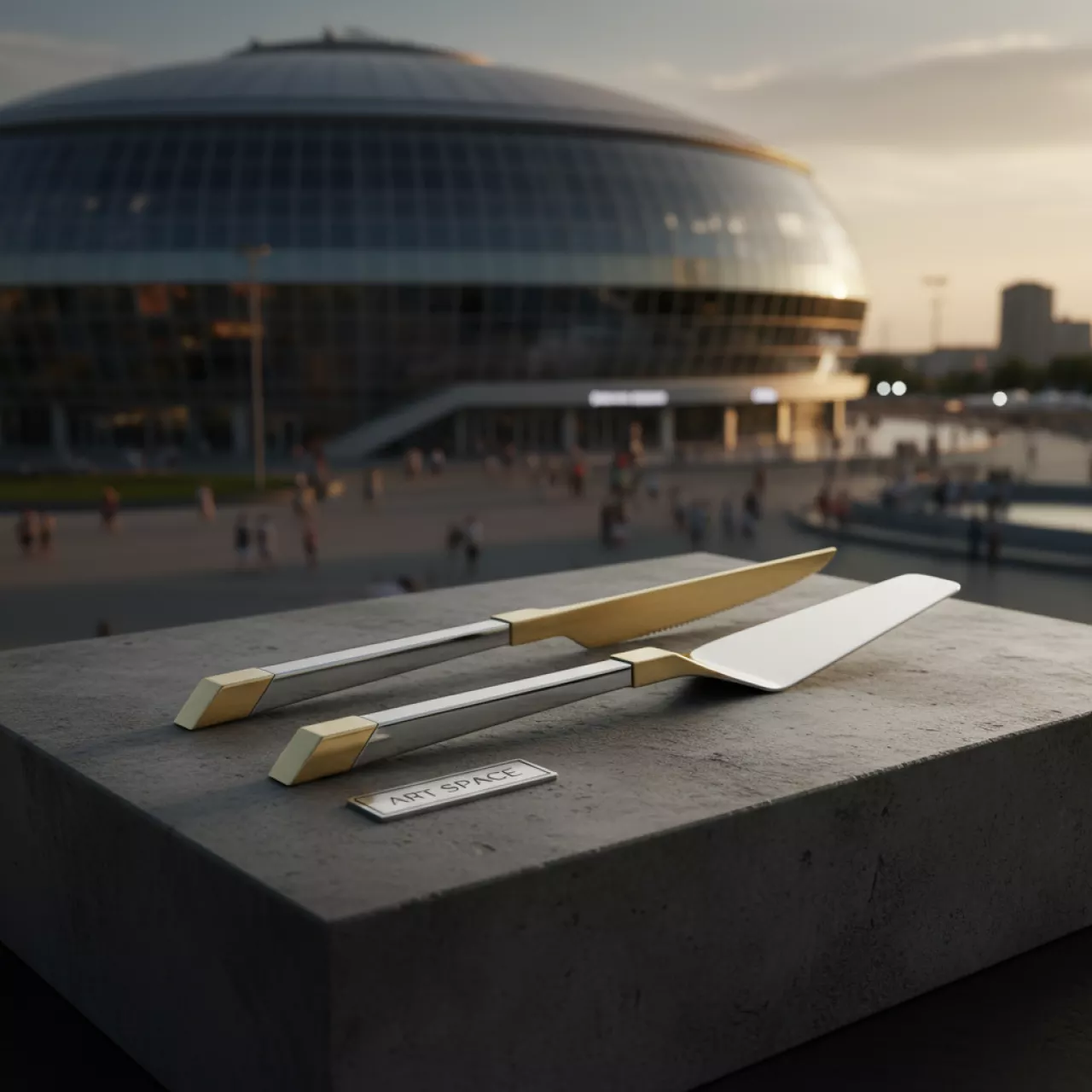 Аренда Набор для торта нож и лопатка серебристо золотой № 5 в ледовом дворце «Большой» — ART SPACE