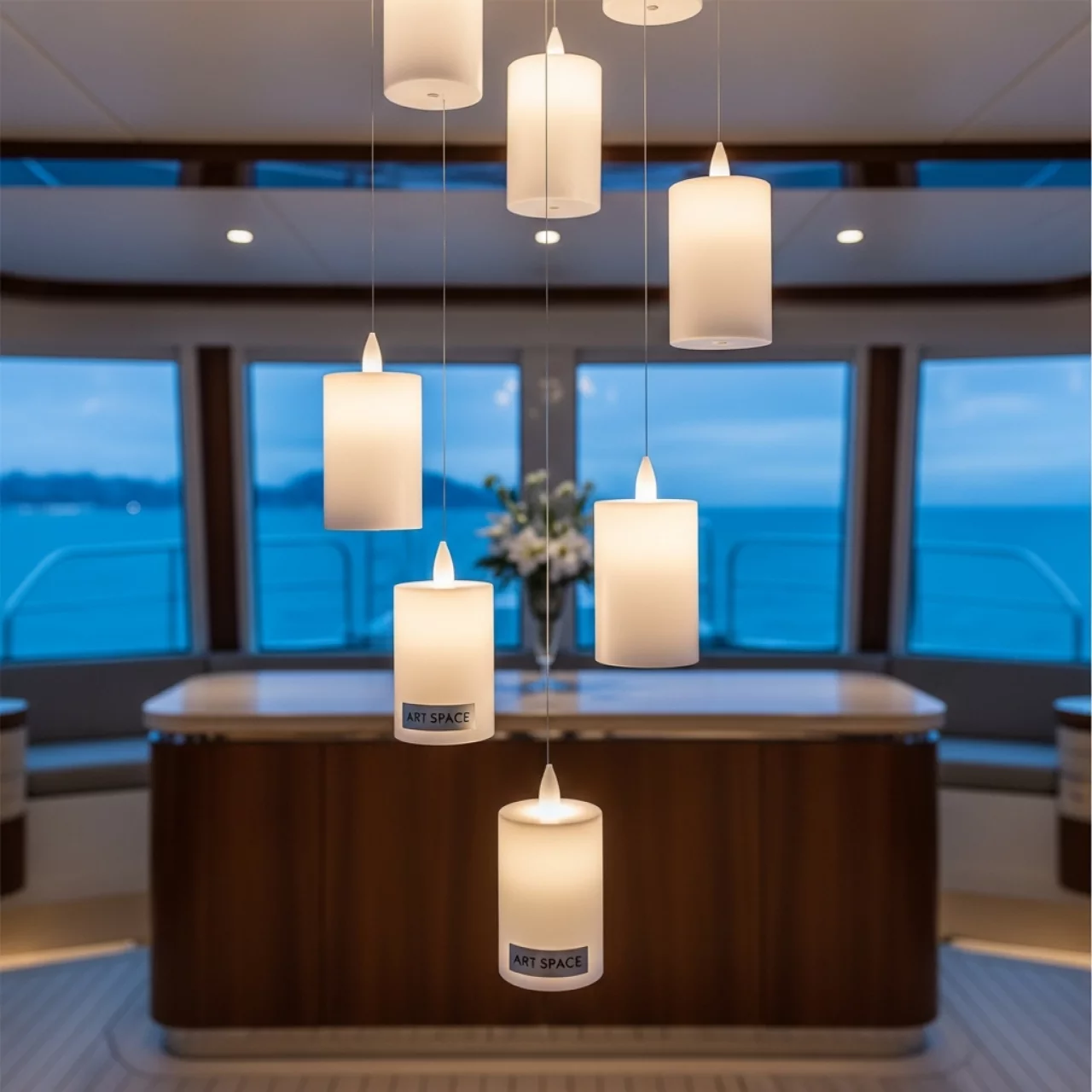 Аренда Набор LED свечей подвесных белые на VIP теплоходе (Морпорт Сочи) — ART SPACE