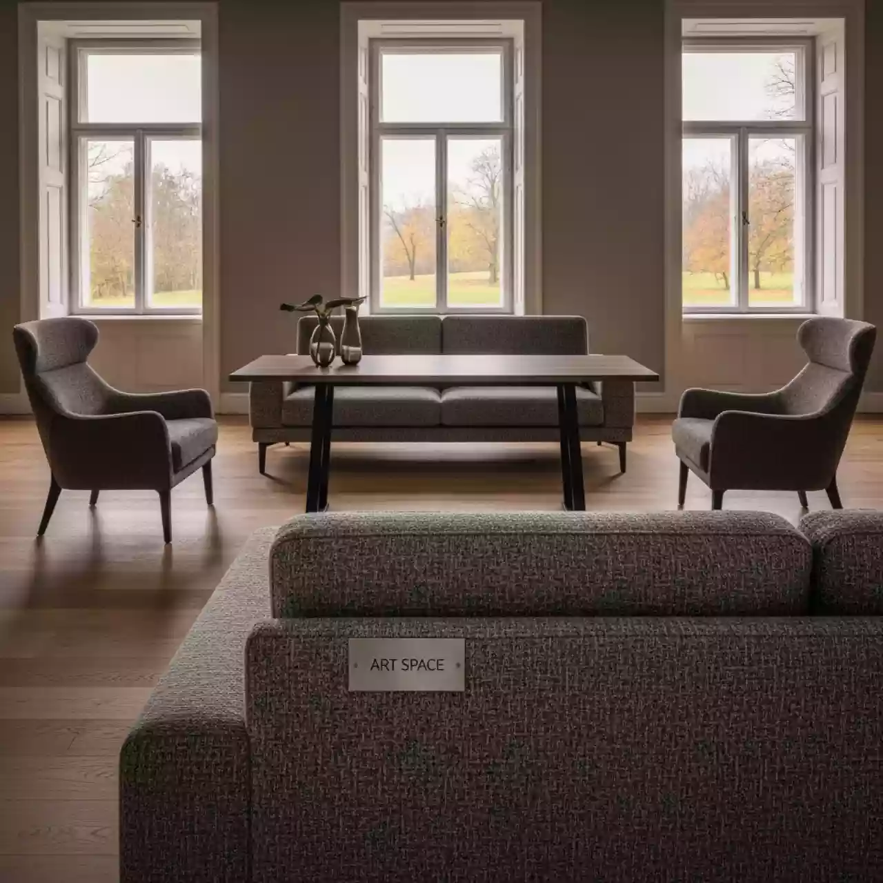 Аренда Набор ВЕНЕЦИЯ лаунж стол 180 двухместный диван 2 кресла коричневый серый в усадьбе Голицына — ART SPACE