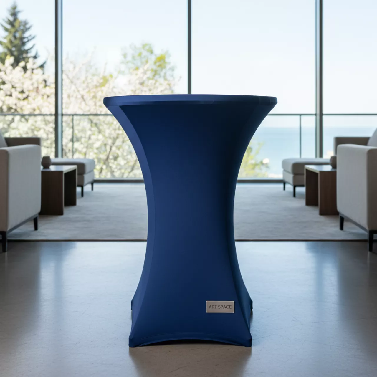 Аренда Наперон стрейч Шапочка для коктейльного стола синий диаметр 70 см в Pullman Sochi Centre — ART SPACE