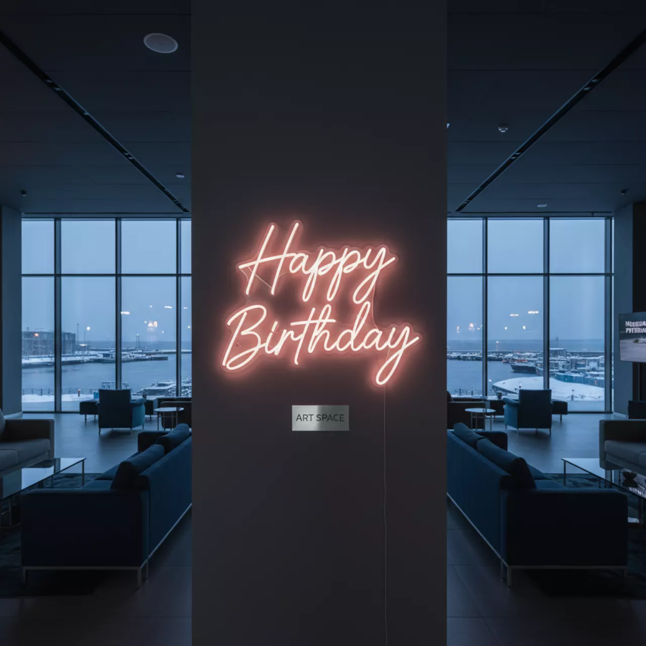 Аренда Неоновая надпись Happy Birthday в зале «Чайка» (Морпорт) — ART SPACE