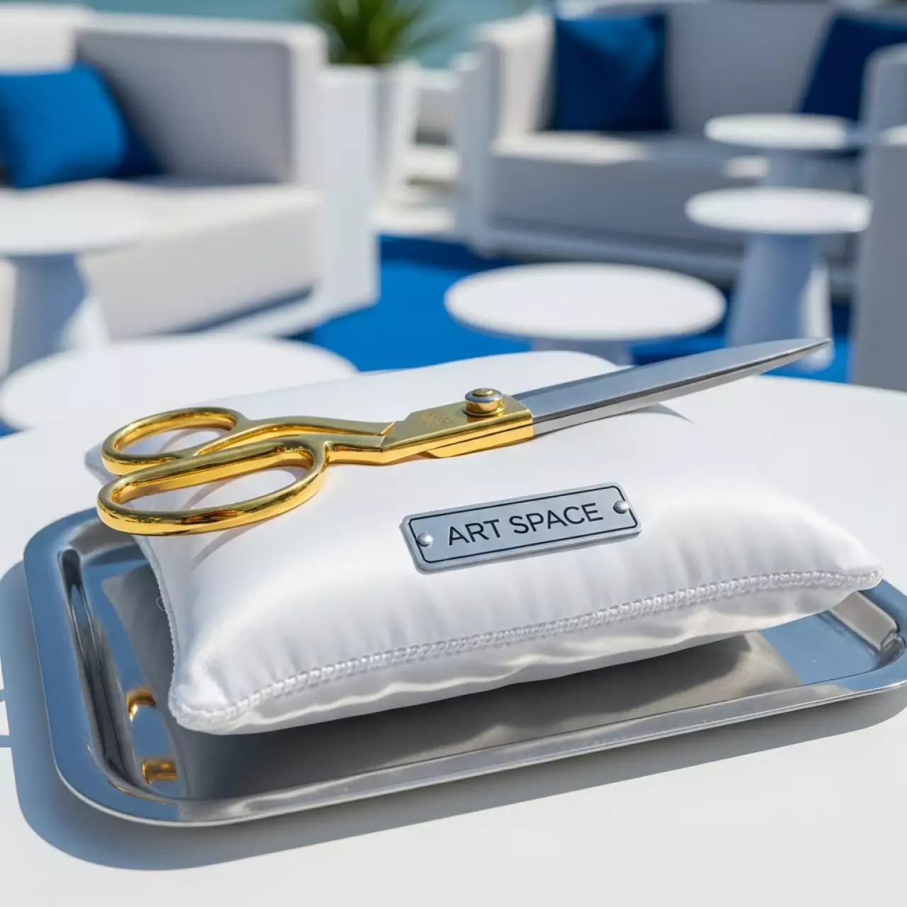 Аренда Ножницы презентационные на белой подушке подносе в пляжном комплексе VinoGrad — ART SPACE