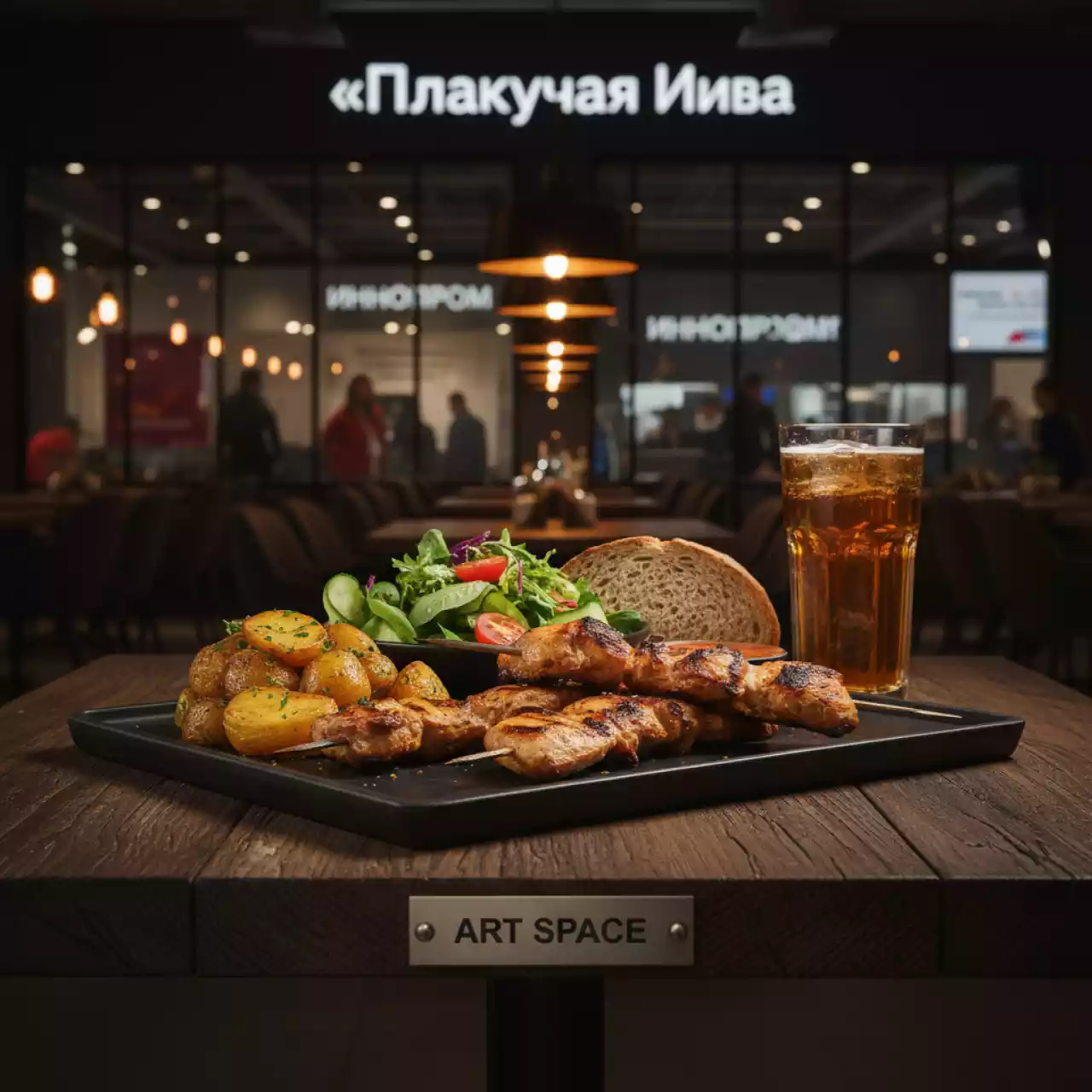 Аренда Обед комплексный с куриным шашлыком и картошкой в ресторане «Плакучая Ива» — ART SPACE