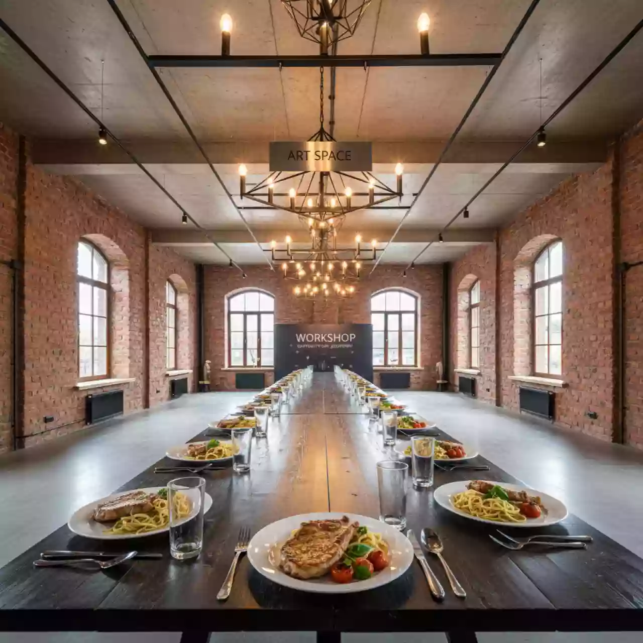 Аренда Обед комплексный со свиными отбивными и спагетти в банкетном зале «Дельфин» — ART SPACE