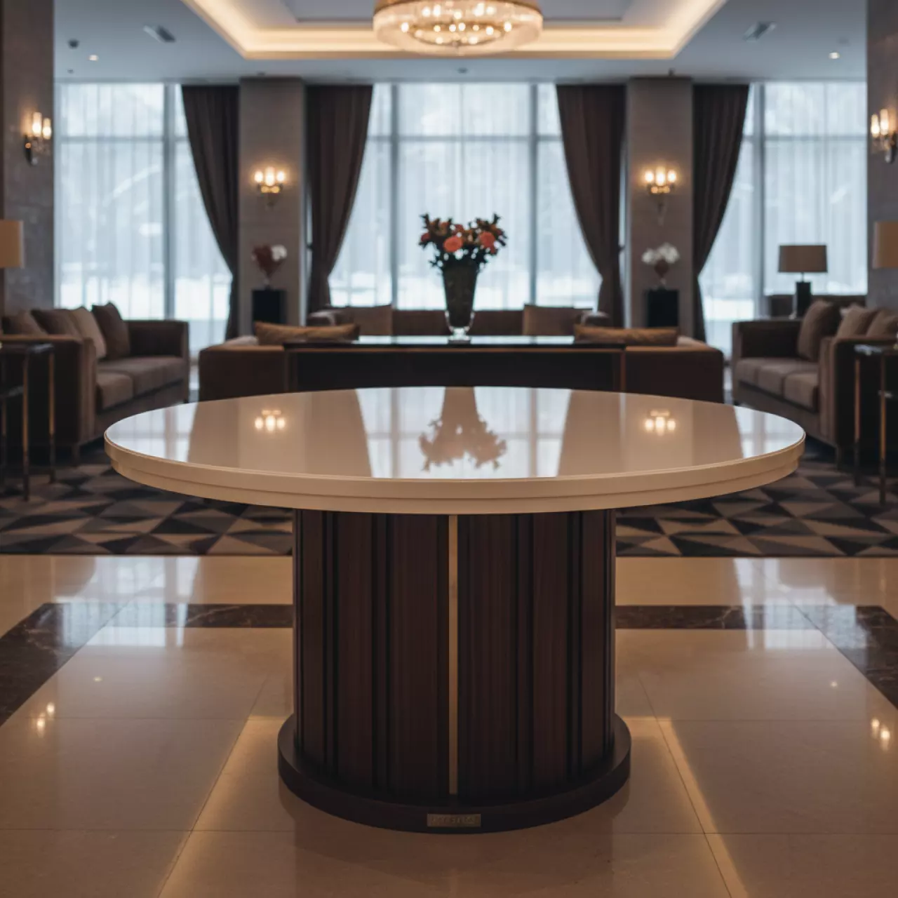 Аренда Обеденный стол круглый белый коричневый BOSCO в City Park Hotel Sochi — ART SPACE