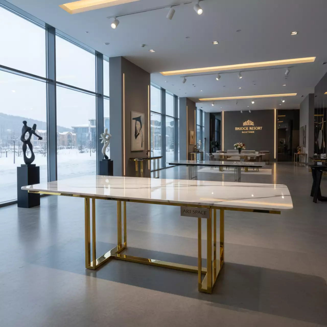 Аренда Обеденный стол Land 160х90х75 белая керамика золотой в Bridge Resort — ART SPACE