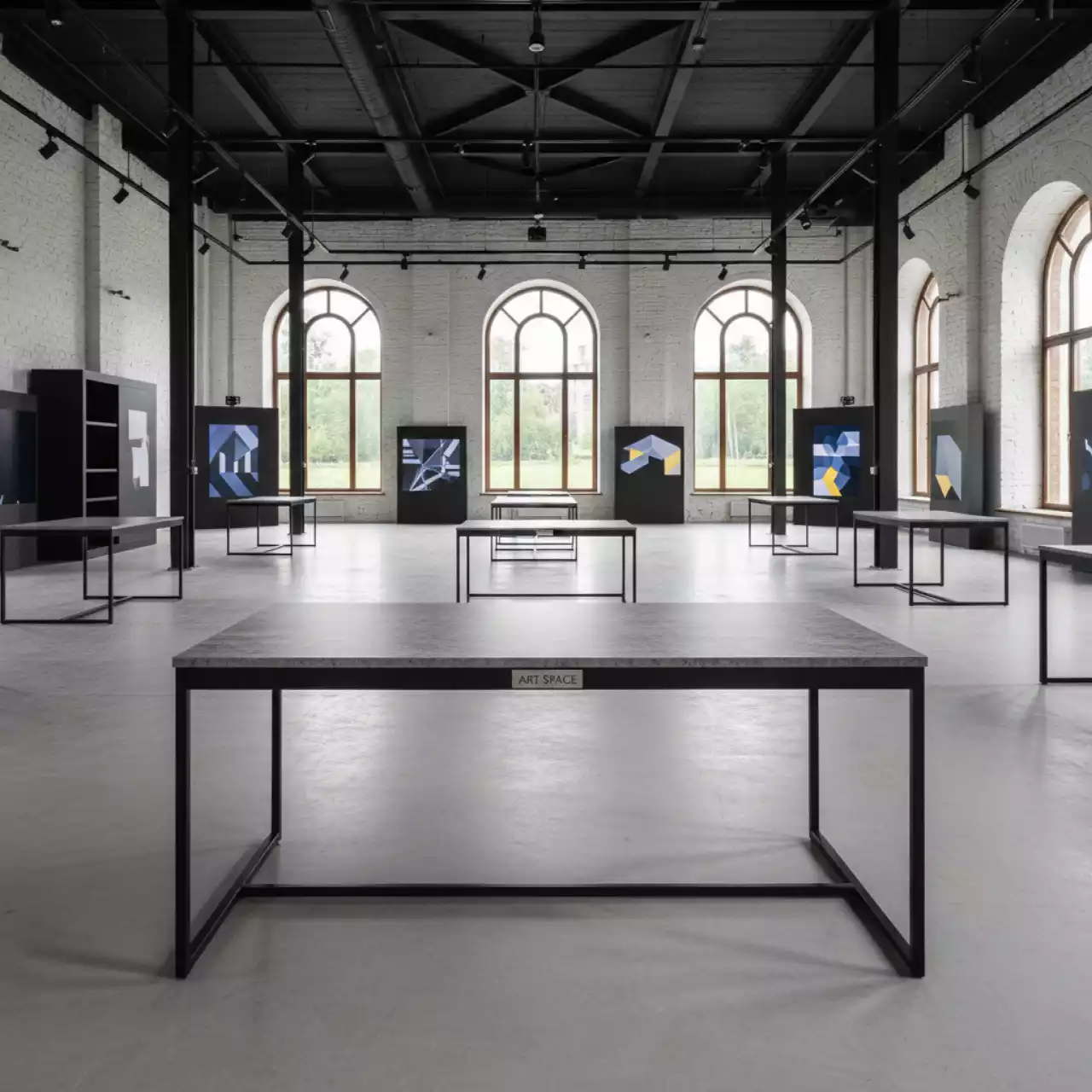 Аренда Обеденный стол Венето из HPL серый гранит черный каркас 160х80 см в усадьбе Голицына — ART SPACE