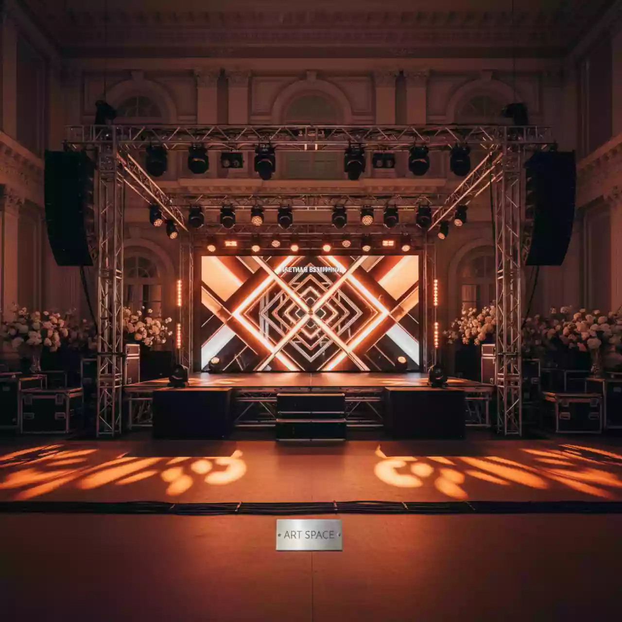 Аренда Оборудование звуковое и световое сцена 10х8 м на 20 летии мотоклуба Падонки Мира в Шератоне в Green Flow Hotel — ART SPACE