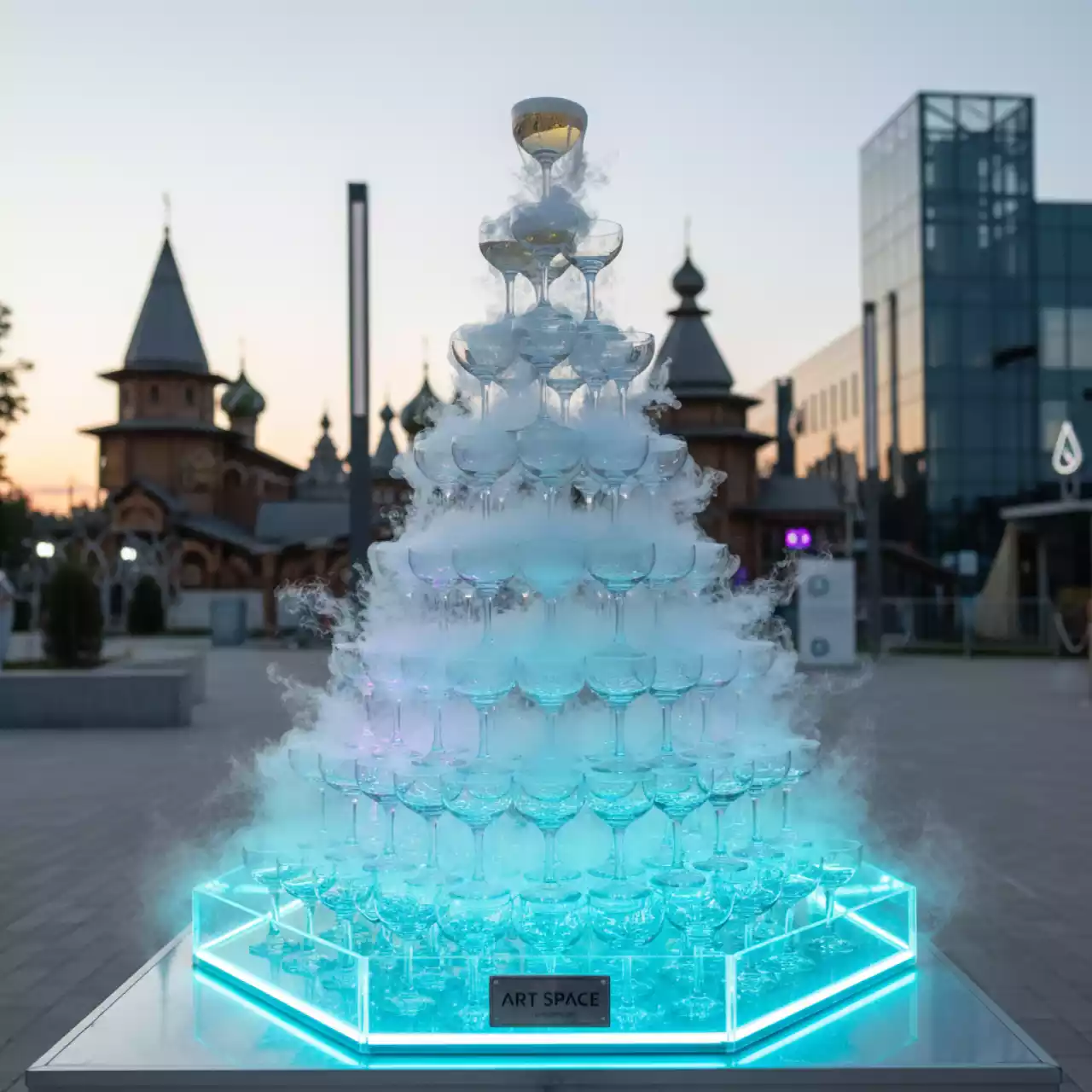 Аренда Пирамида из шампанского 220 бокалов 10 ярусов в этно-парке «Моя Россия» — ART SPACE