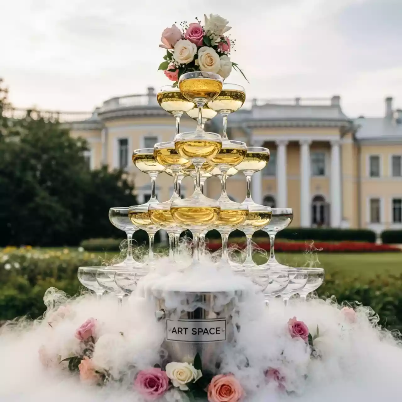 Аренда Пирамида из шампанского 286 бокалов 11 ярусов в усадьбе Голицына — ART SPACE