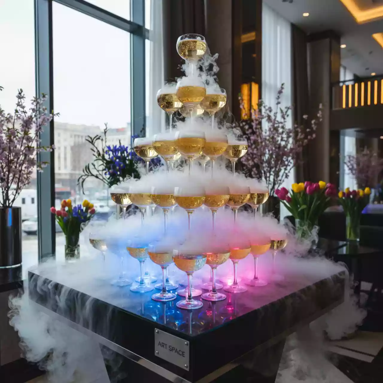 Аренда Пирамида из шампанского 84 бокала 7 ярусов в Маринс Парк Отеле — ART SPACE