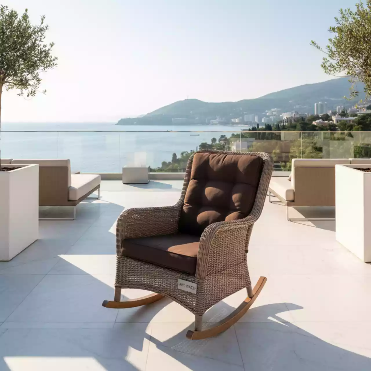 Аренда Плетеное кресло качалка Chelsea с подушкой цвета шоколад в Grand Karat Sochi — ART SPACE
