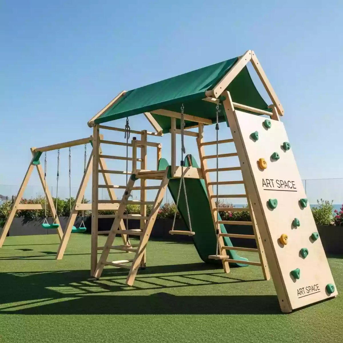 Аренда Площадка детская Спортивный городок с крышей тентом качелями и широким скалодромом в ресторане «Sanremo» — ART SPACE