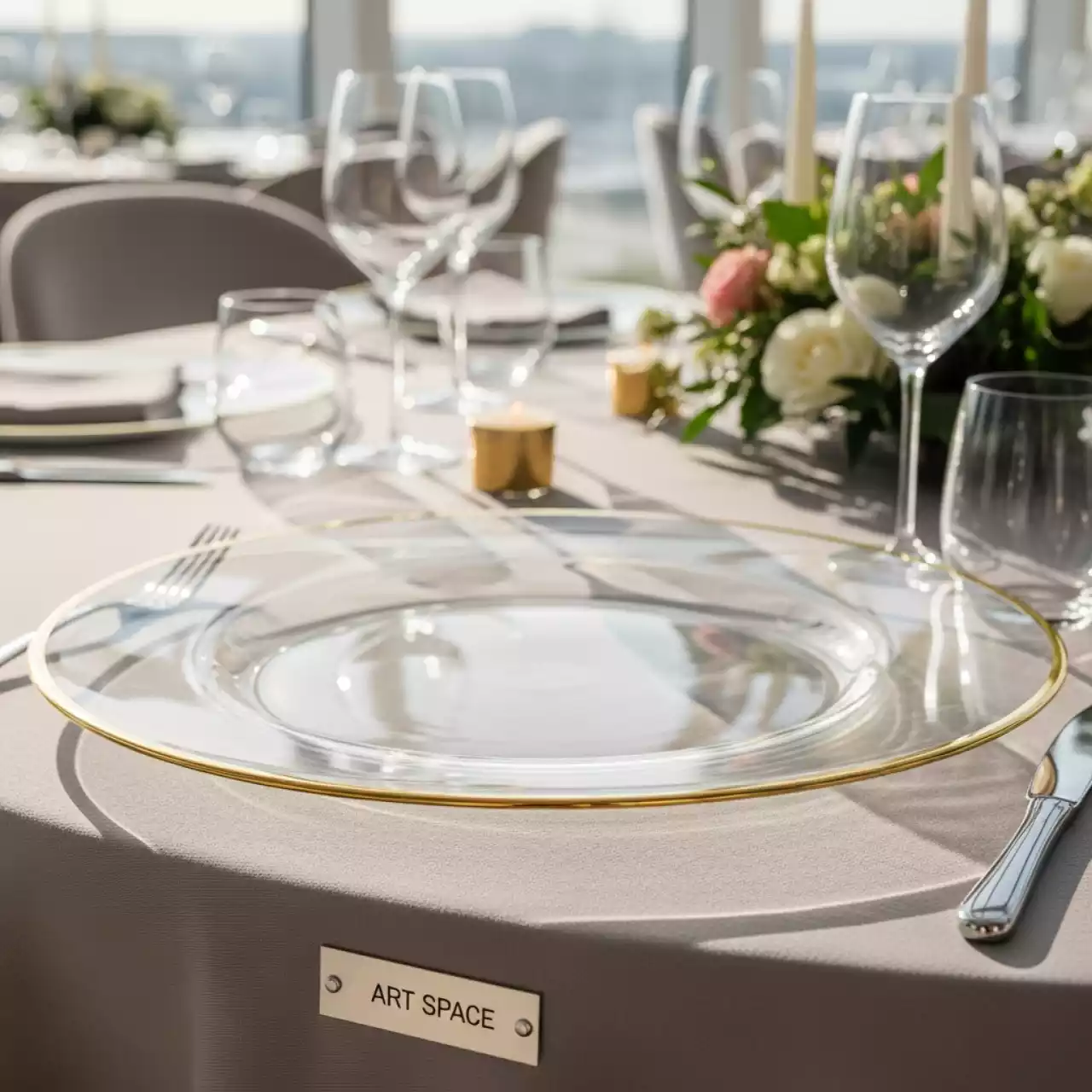 Аренда Подстановочная тарелка Бари прозрачная с золотой каймой в ресторане «Voda» — ART SPACE