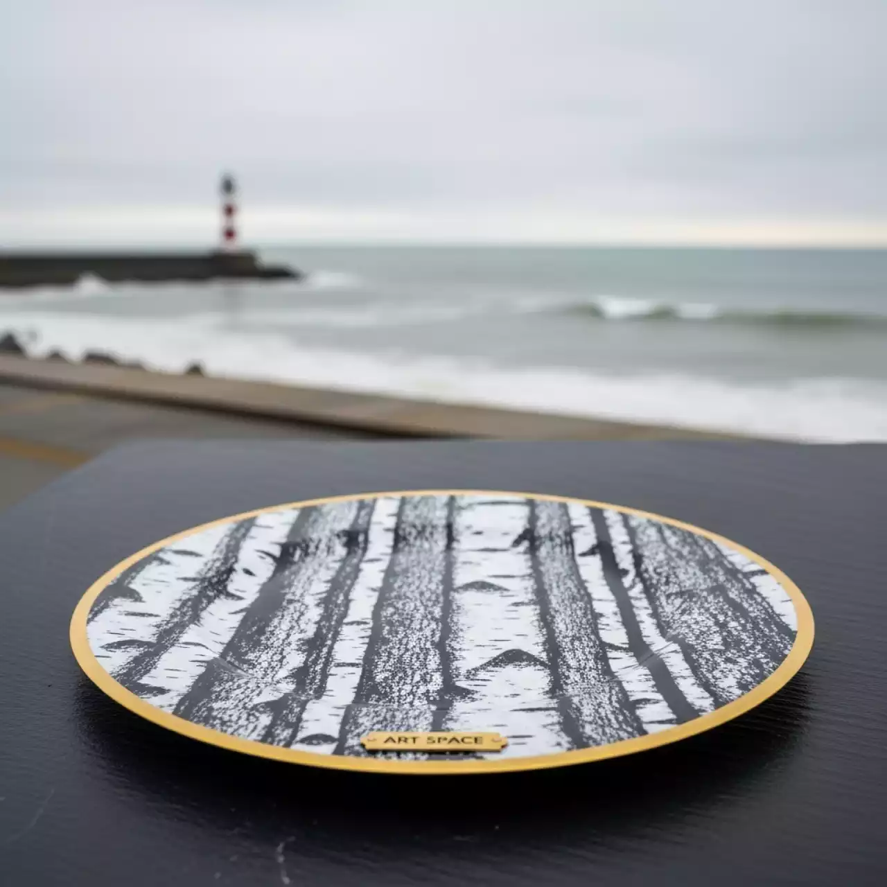 Аренда Подстановочная тарелка Тайга черно белая с золотым кантом на пляже «Маяк» — ART SPACE