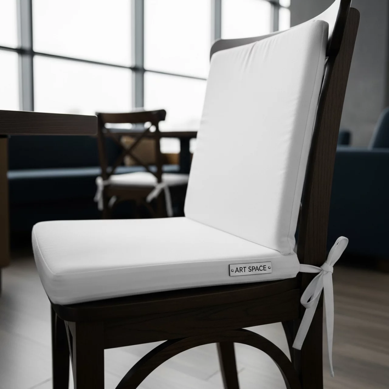 Аренда Подушка для стула Кроссбэк на завязках журавинка гладь белая 3 см в Маринс Парк Отеле — ART SPACE