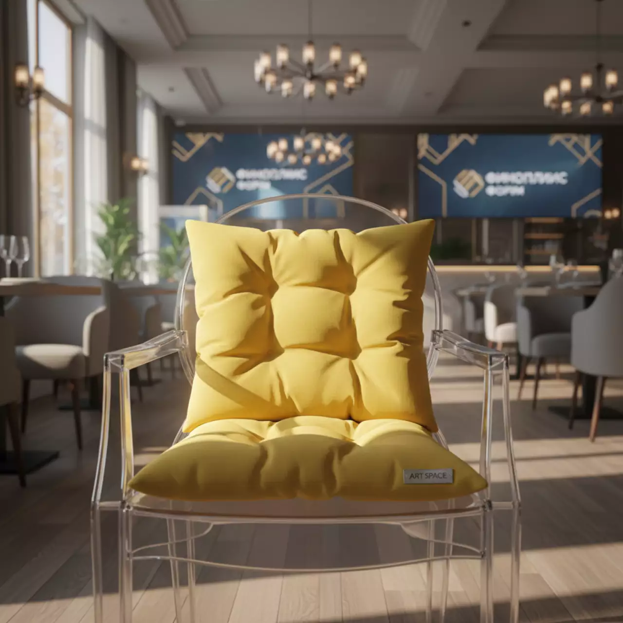 Аренда Подушка мягкая бархатная для пластикового стула лимонная в ресторане «Voda» — ART SPACE