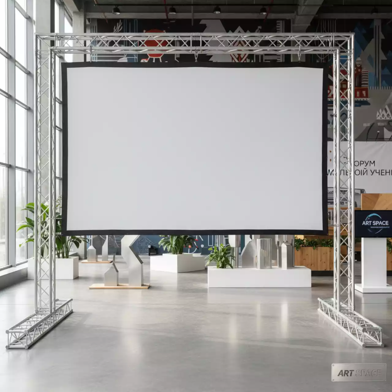 Аренда Полотно на люверсах Corvus 16 9 347х205 белое матовое PW PS S в этно-парке «Моя Россия» — ART SPACE