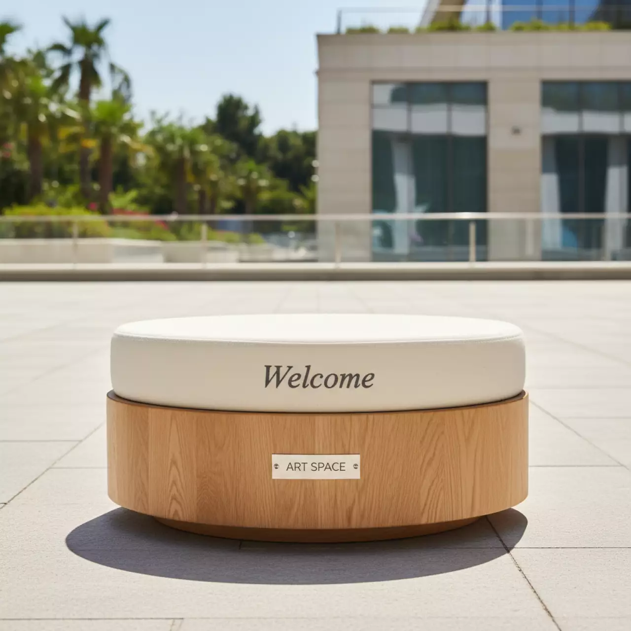 Аренда Пуф деревянный с подушкой Welcome в Courtyard by Marriott Sochi — ART SPACE