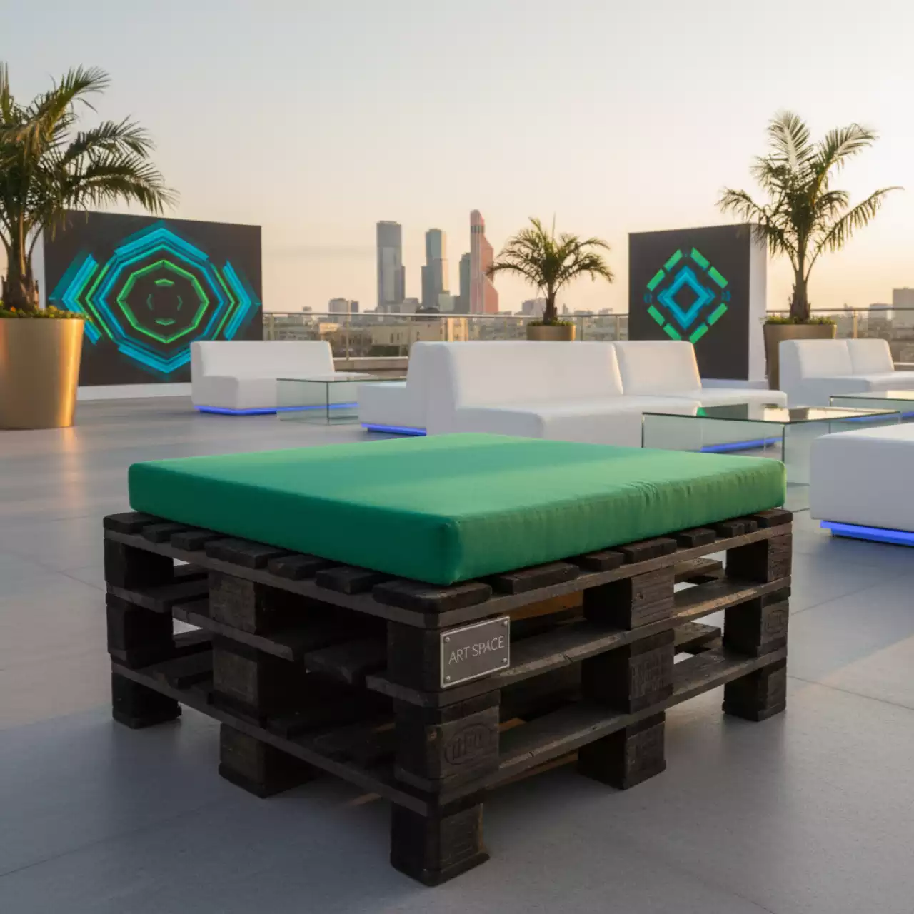 Аренда Пуф из обожженных поддонов с зеленой подушкой в Stella di Mosca — ART SPACE