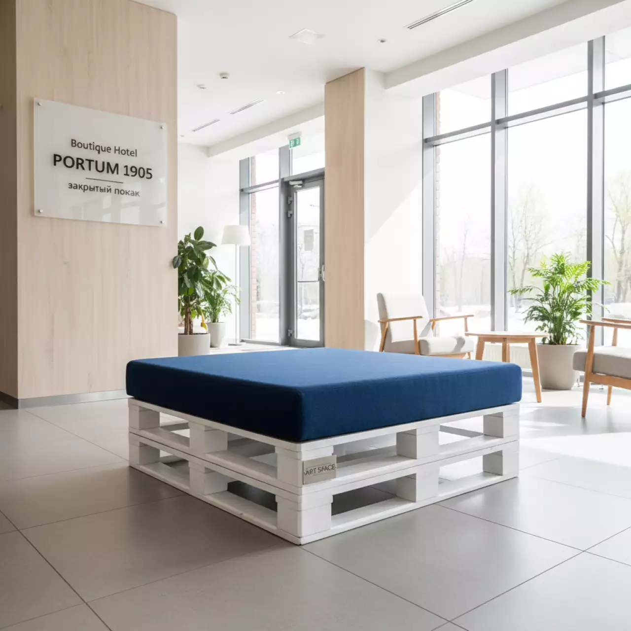 Аренда Пуф из поддонов белый с синей подушкой в Boutique Hotel PORTUM 1905 — ART SPACE