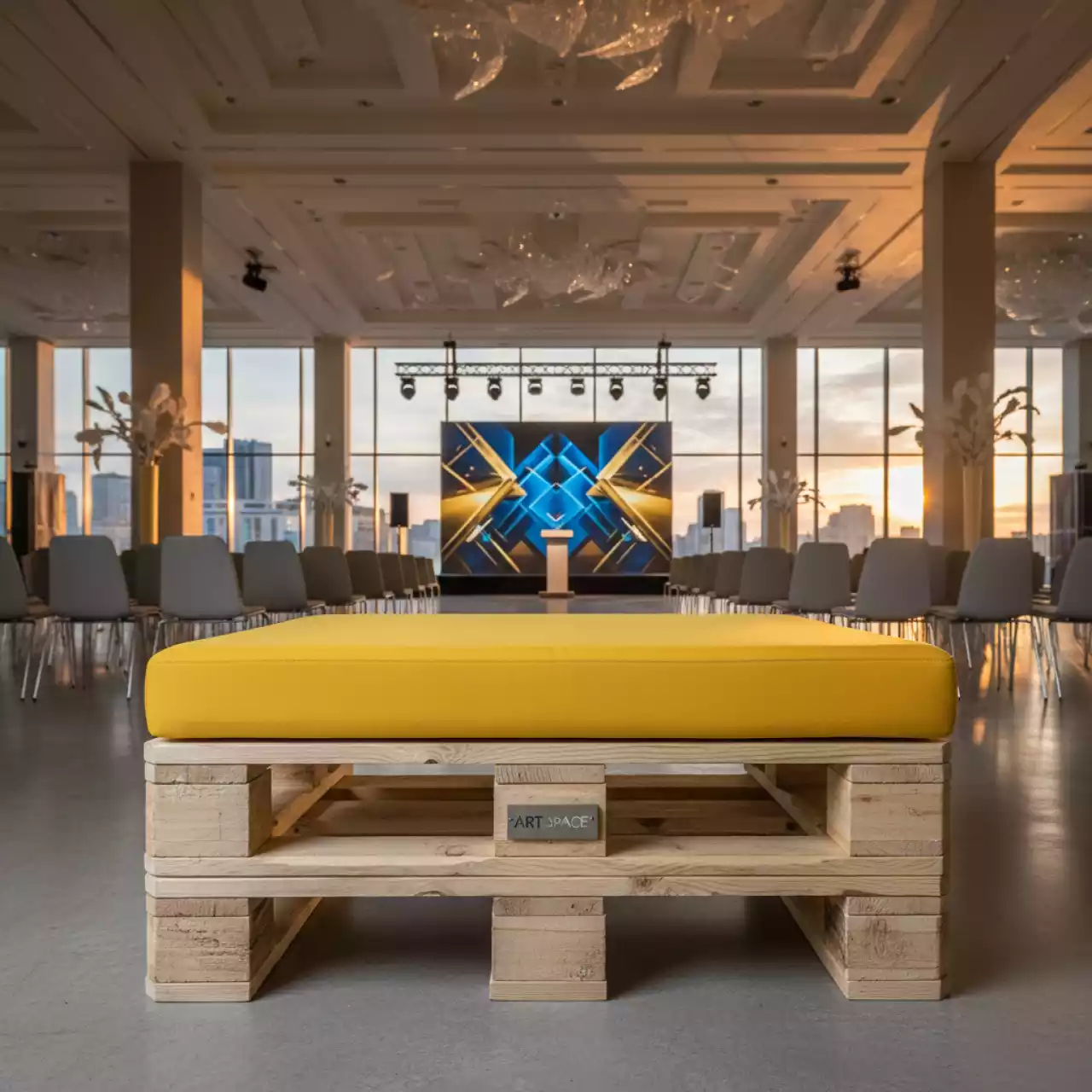 Аренда Пуф из поддонов деревянный с желтой подушкой в гранд-отеле «Жемчужина» — ART SPACE
