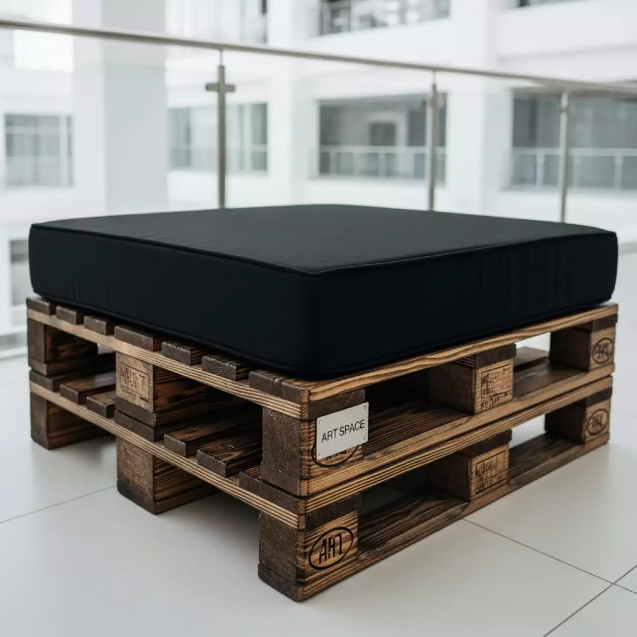 Аренда Пуф из поддонов обожженное дерево с черной подушкой в Университете «Сириус» — ART SPACE