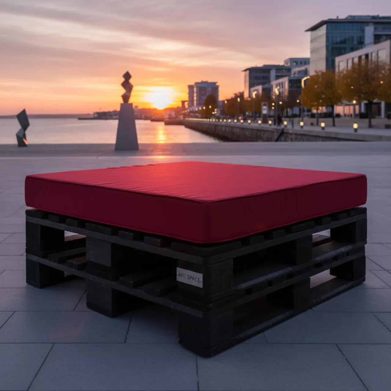 Аренда Пуф из поддонов обожженное дерево с красной подушкой на Имеретинской набережной — ART SPACE