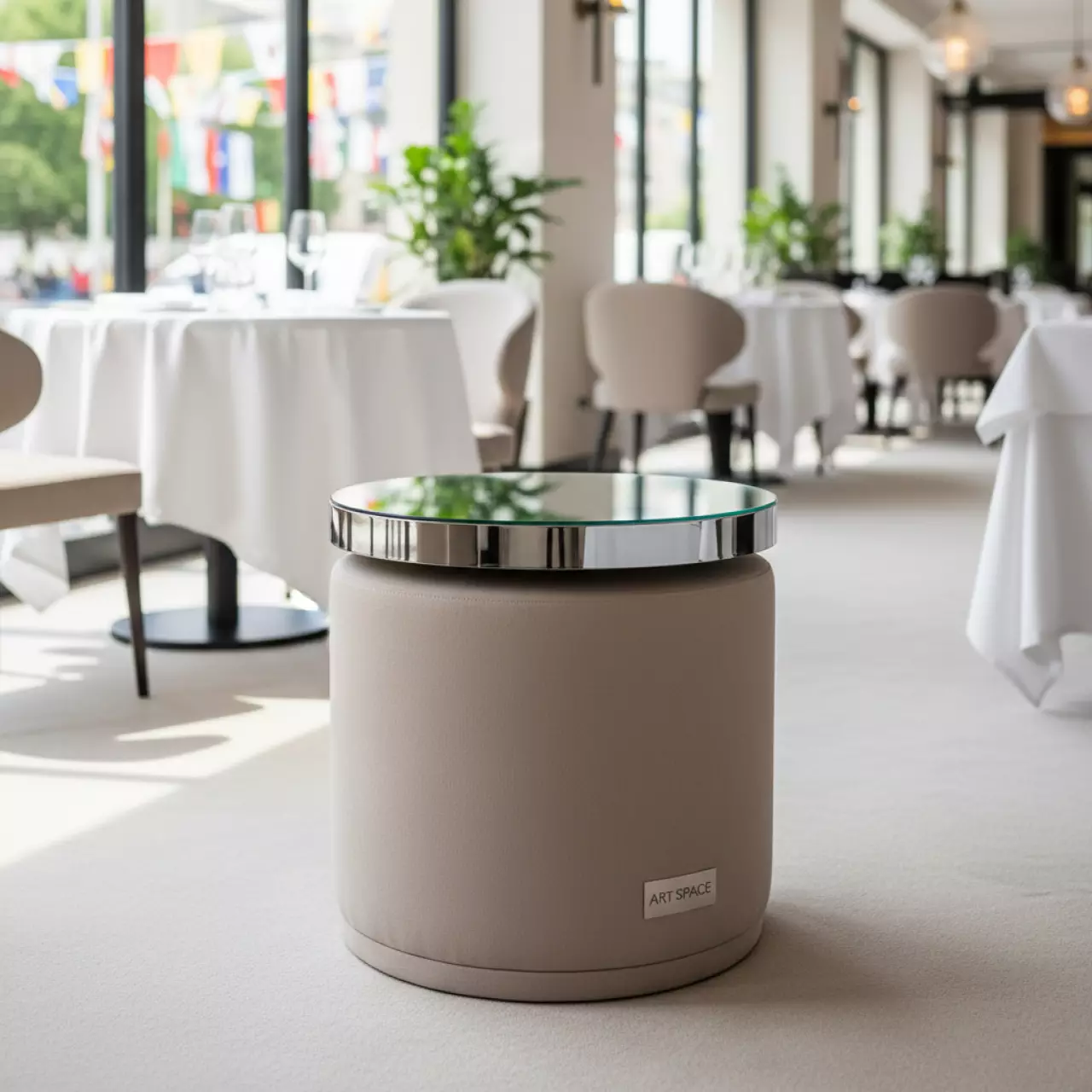 Аренда Пуф стол малый НОРМАН бежевый с зеркальной столешницей в ресторане «Sanremo» — ART SPACE