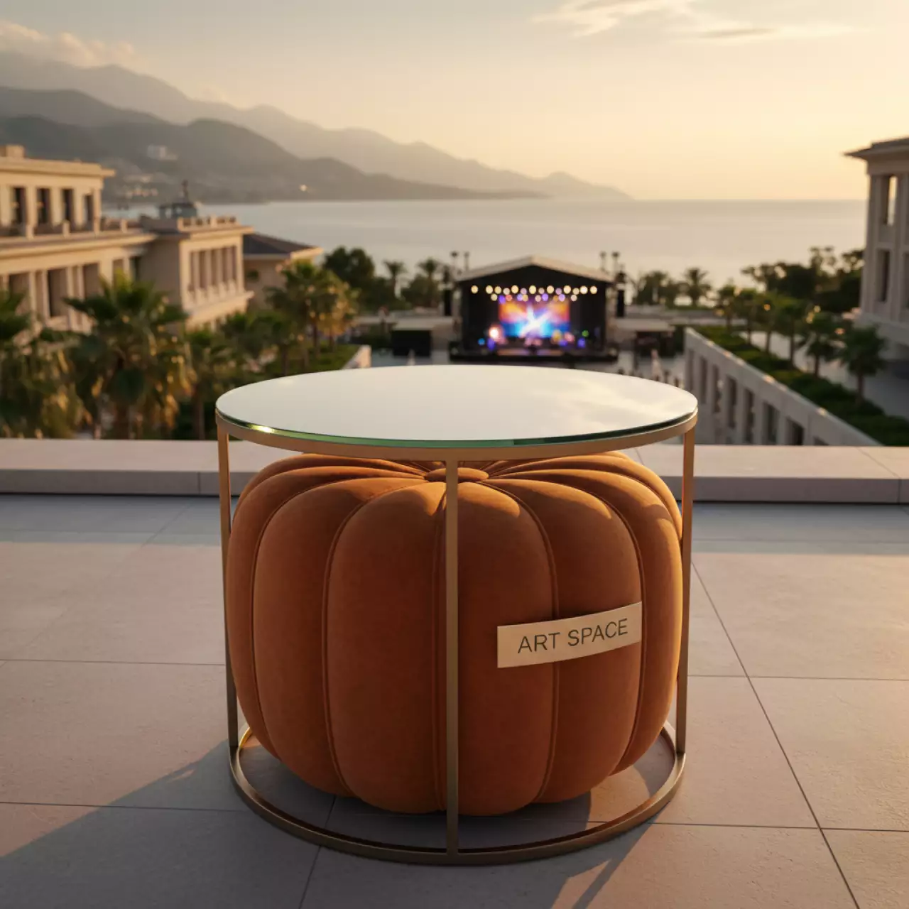Аренда Пуф стол малый НОРМАН тыквенный с зеркальной столешницей в Гранд Отель Сочи — ART SPACE