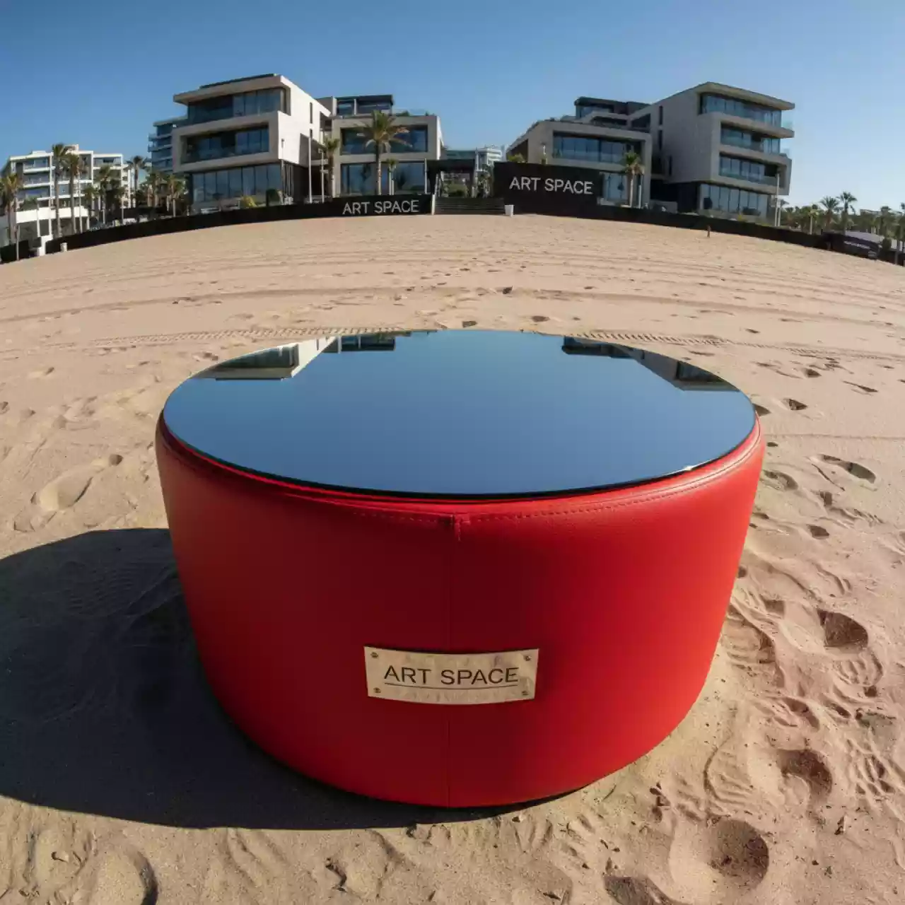 Аренда Пуф стол НОРМАН ярко красный с зеркальной столешницей на пляже «Мандарин» — ART SPACE