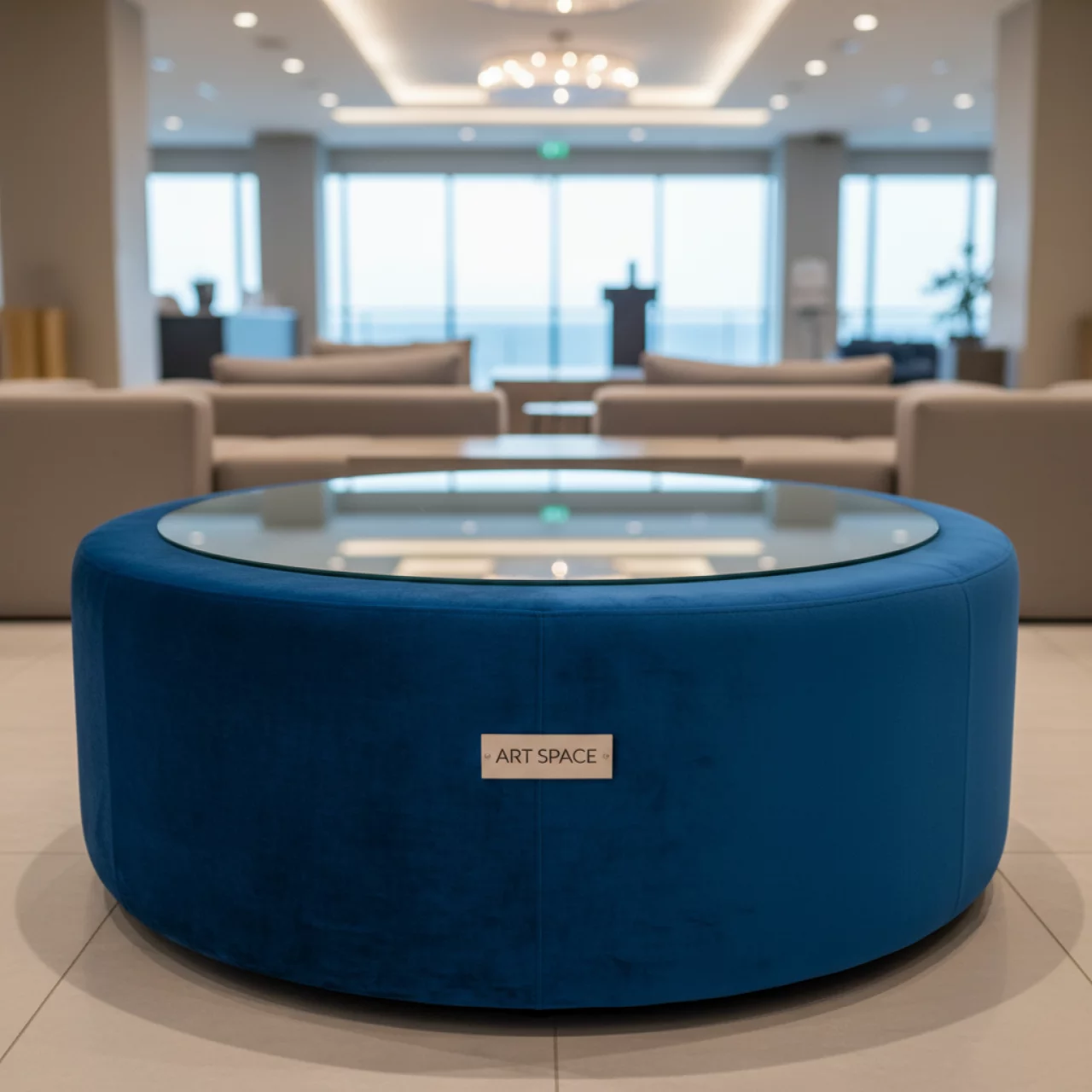 Аренда Пуф стол средний НОРМАН голубой с зеркальной столешницей в комплексе Sea Galaxy — ART SPACE