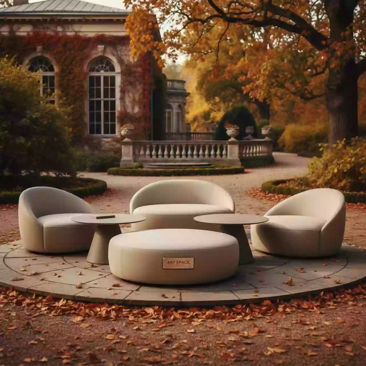 Аренда Пуфы столы бежевые Норман набор из 3 в усадьбе Голицына — ART SPACE