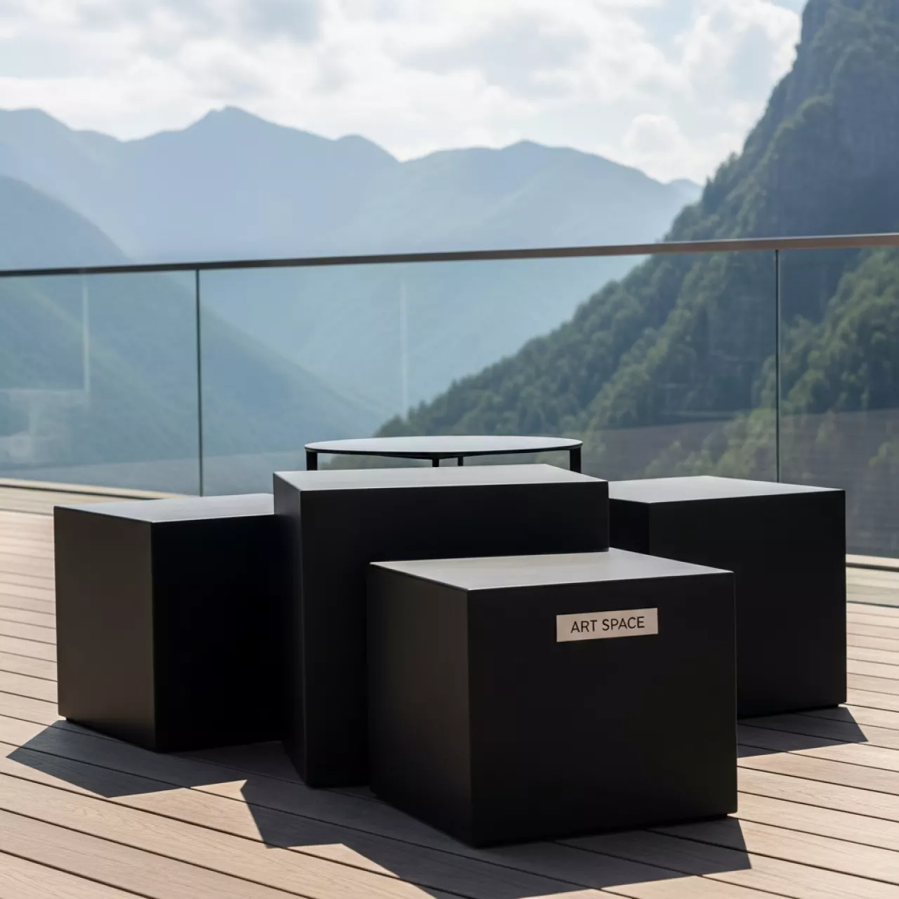 Аренда Пуфы столы черные НОРМАН набор из 3 в Skypark Sochi — ART SPACE