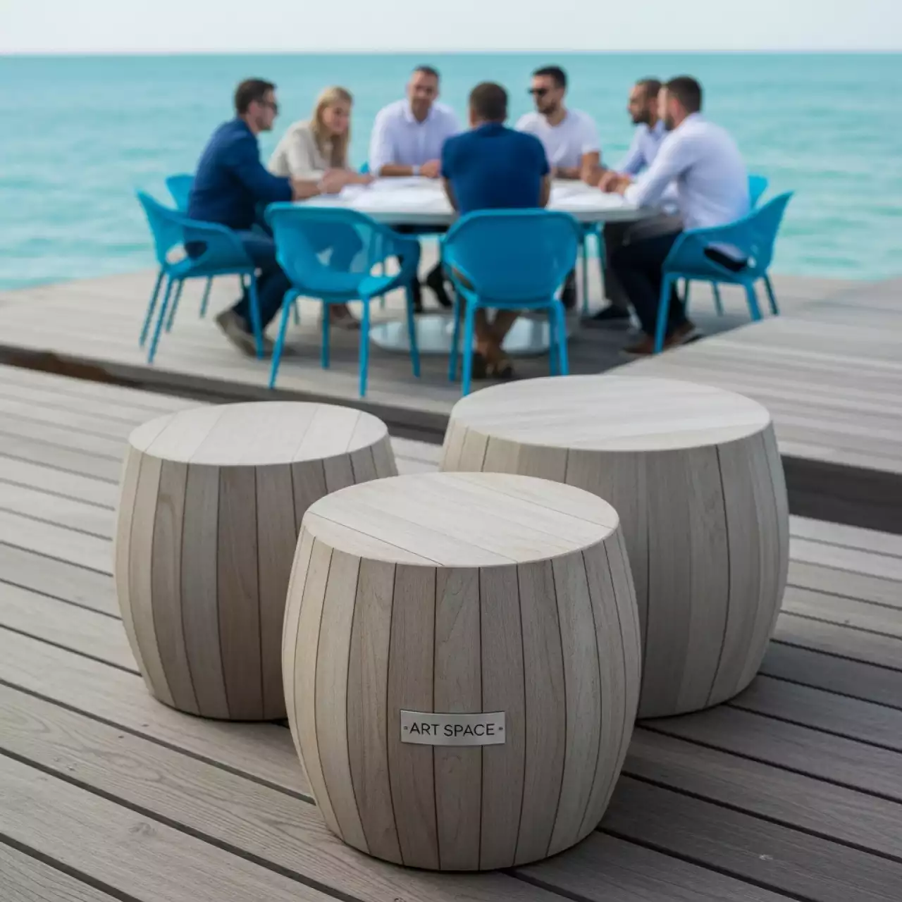 Аренда Пуфы столы эвкалиптовые НОРМАН набор из 3 на парусной регате (Сочи) — ART SPACE